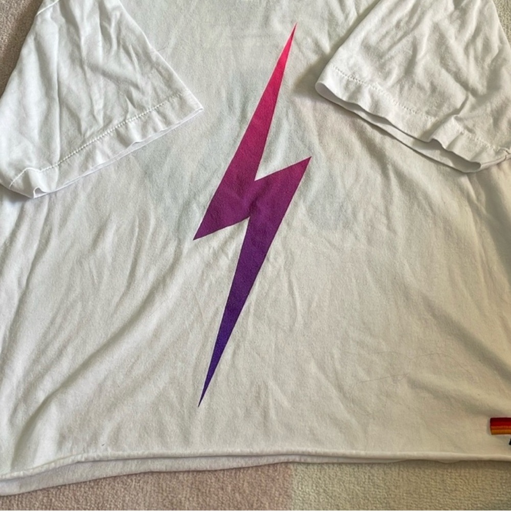 Aviator Nation White Tee with Purple and Pink Lightning Bolt